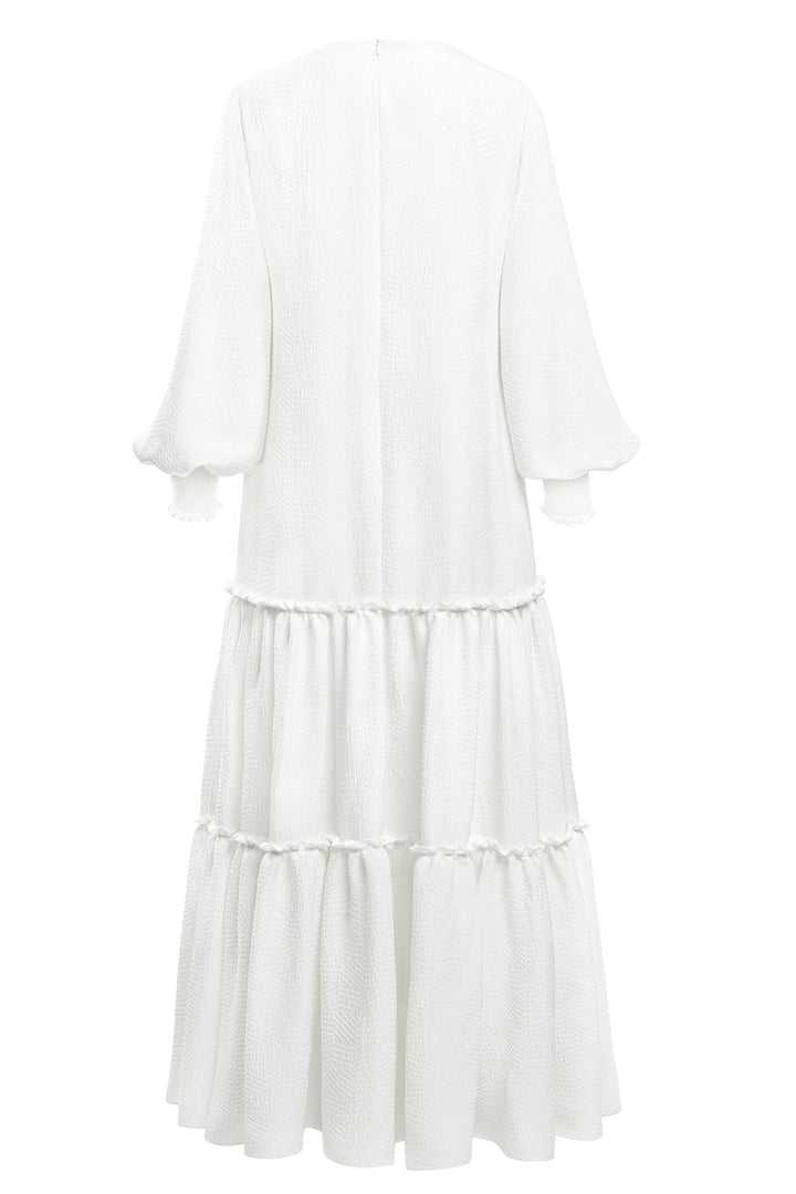 DAPHNE WHITE SILK JACQUARD MAXI DRESS WITH SLEEVES