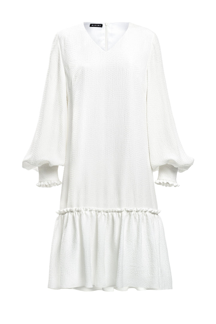 DAPHNE WHITE SILK JACQUARD DRESS WITH SLEEVES