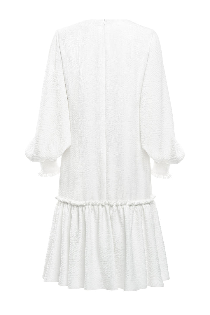 DAPHNE WHITE SILK JACQUARD DRESS WITH SLEEVES