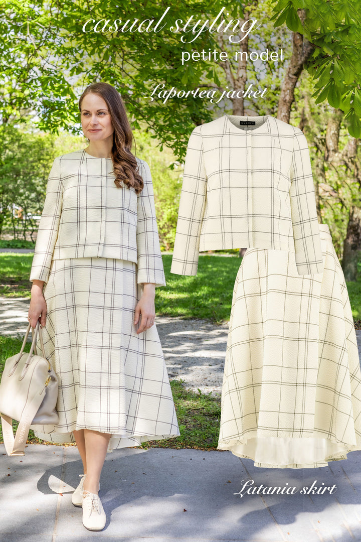 LATANIA CREAM PLAID WOOL SEERSUCKER HIGH-LOW SKIRT