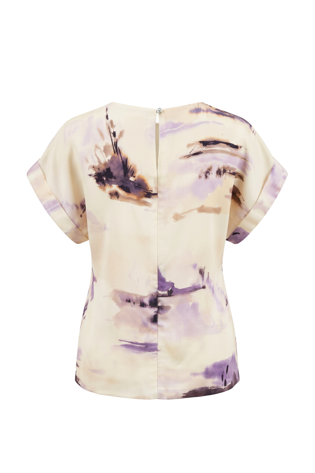 A short-sleeve top shown from the back, featuring an abstract watercolor-style print in purple, brown, and black on a cream-colored base.