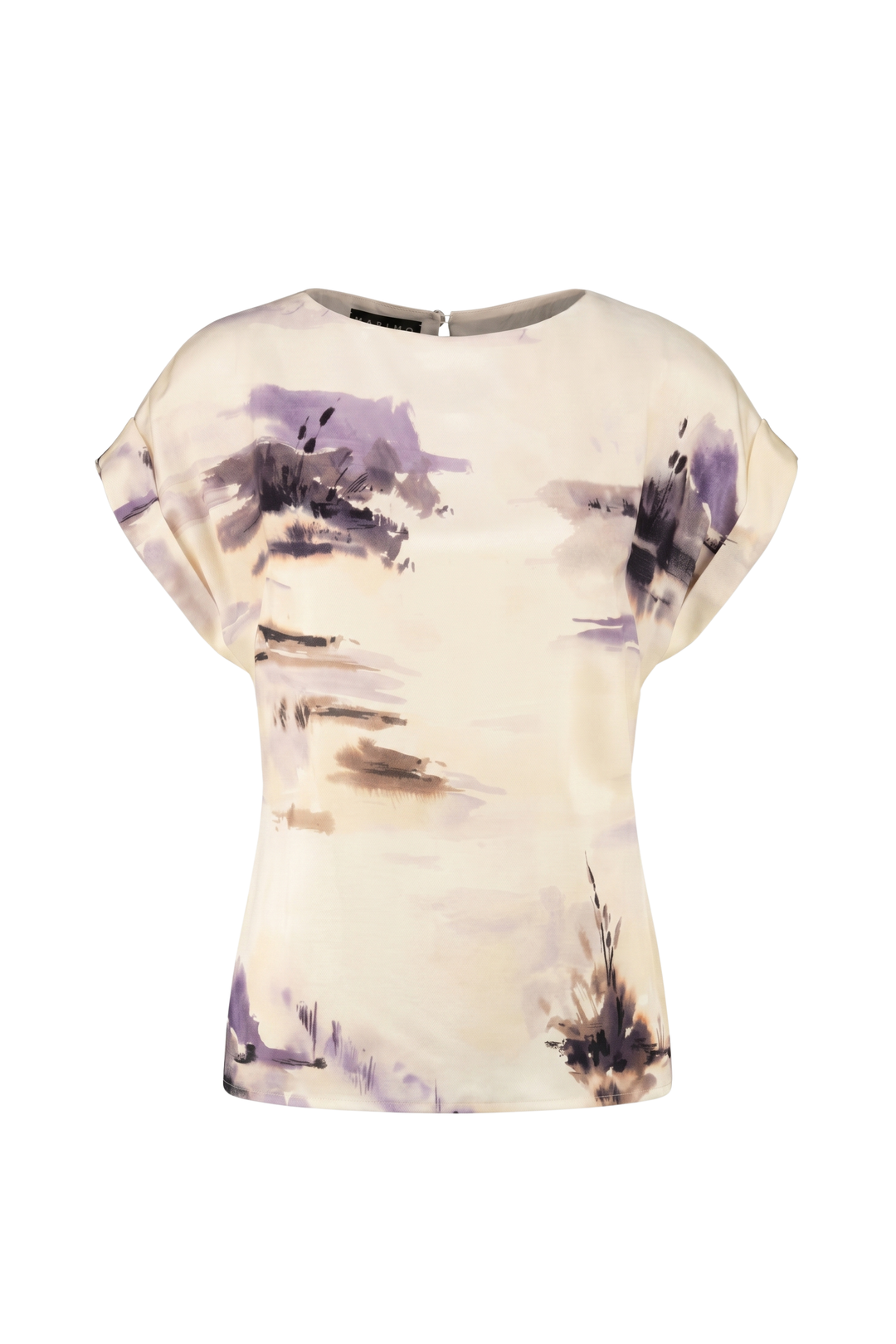 A short-sleeve crewneck top with a watercolor-style abstract print in purple, black, and brown on a cream-colored background.