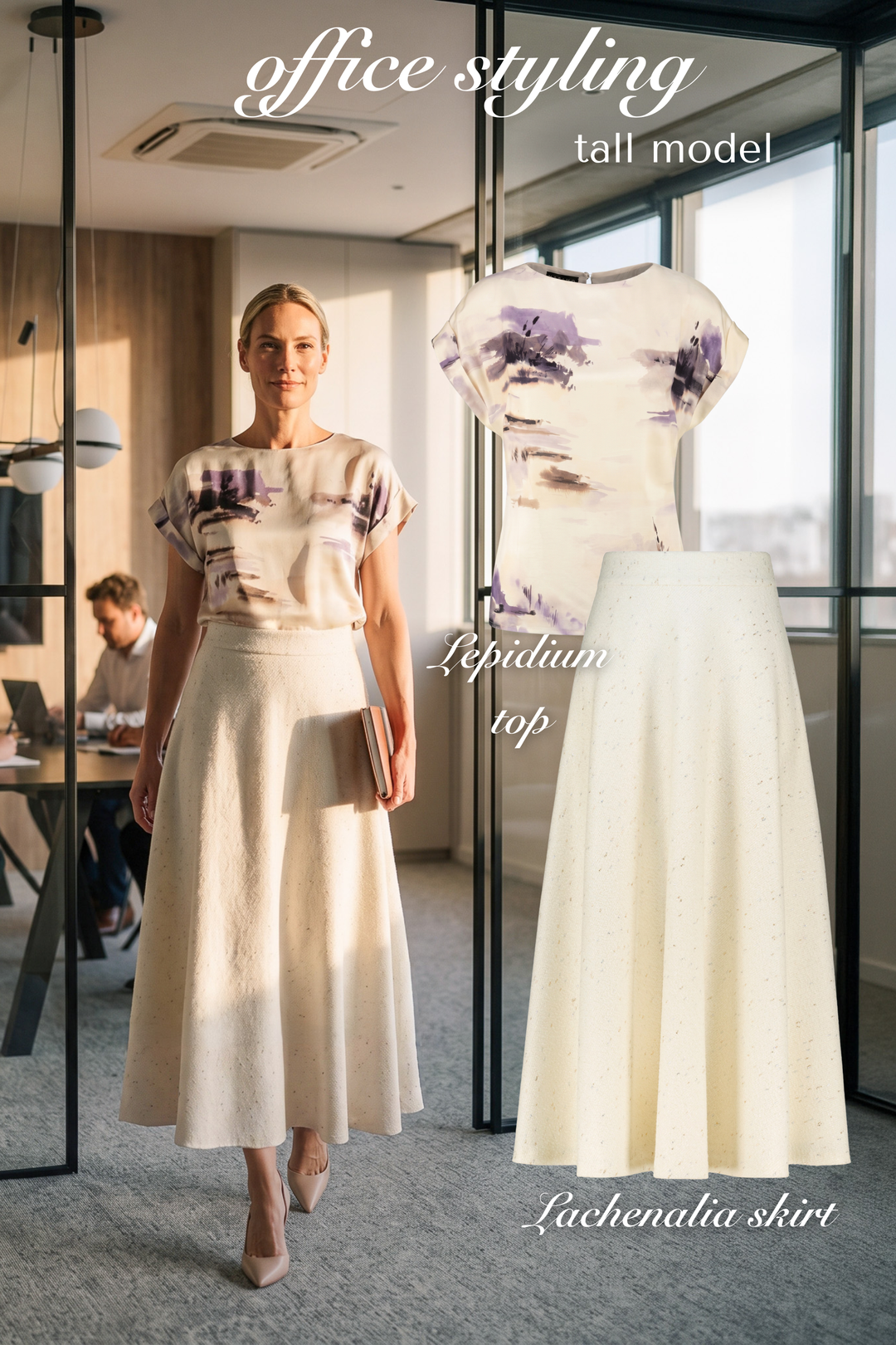 A tall female model walks through a glass office space wearing a cream midi skirt and a matching cream top with purple floral watercolor prints. An overlay on the right shows the top and skirt separately with text reading 'office styling tall model'.