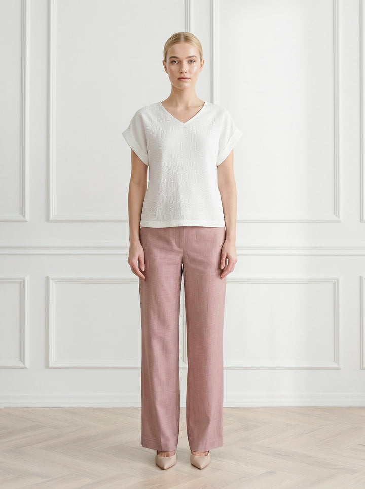 LEPIDIUM WHITE SILK JAQUARD V-NECK TOP