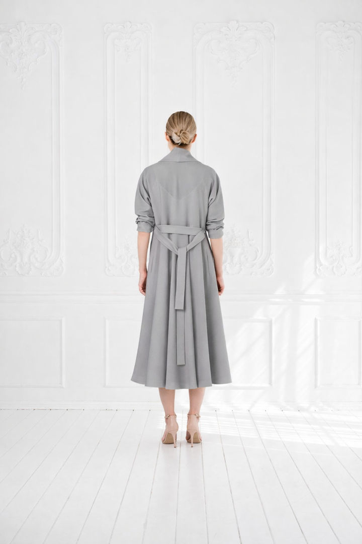 LINARIA GRAY WOOL CREPE KIMONO CUT COAT DRESS