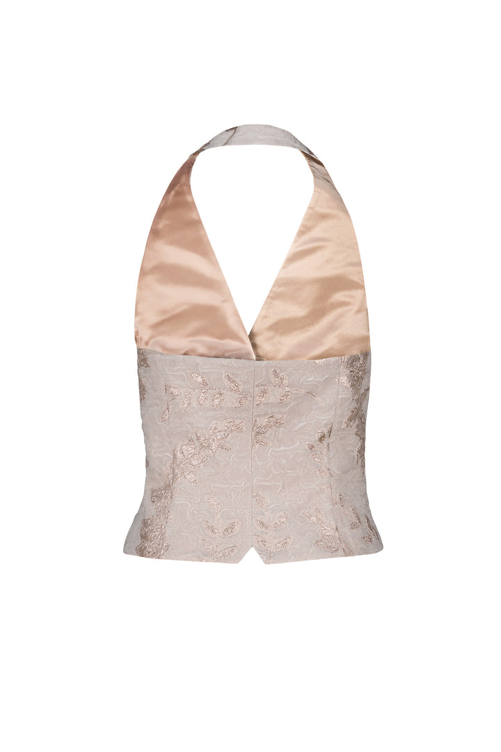 CARDARIA OFF WHITE AND ROSE GOLD JACQUARD OPEN BACK VEST