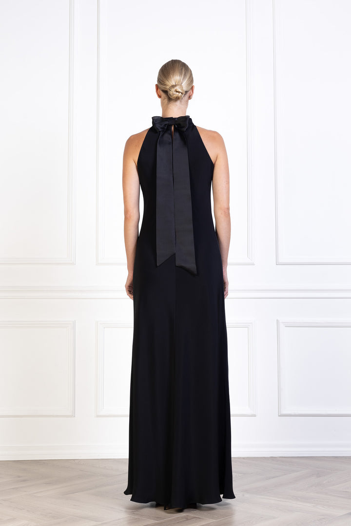 CLUSIANA BLACK SILK HALTER NECK SLIP DRESS WITH BOW DETAIL