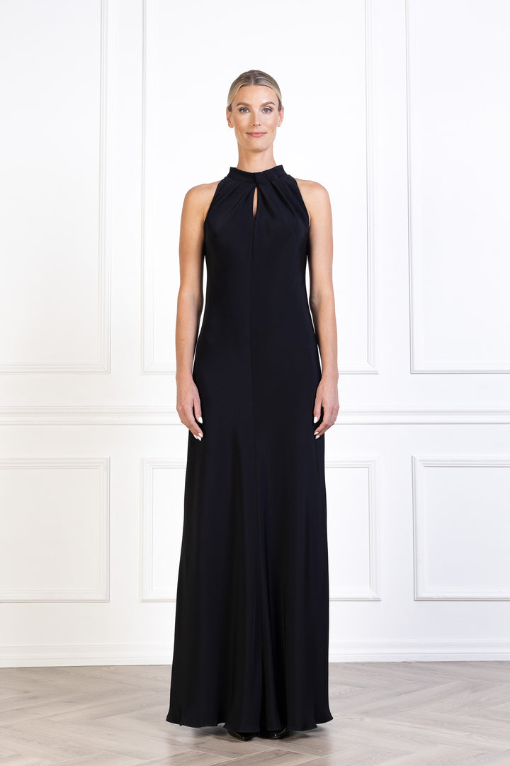 CLUSIANA BLACK SILK HALTER NECK SLIP DRESS WITH BOW DETAIL