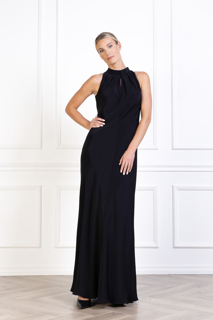 CLUSIANA BLACK SILK HALTER NECK SLIP DRESS WITH BOW DETAIL