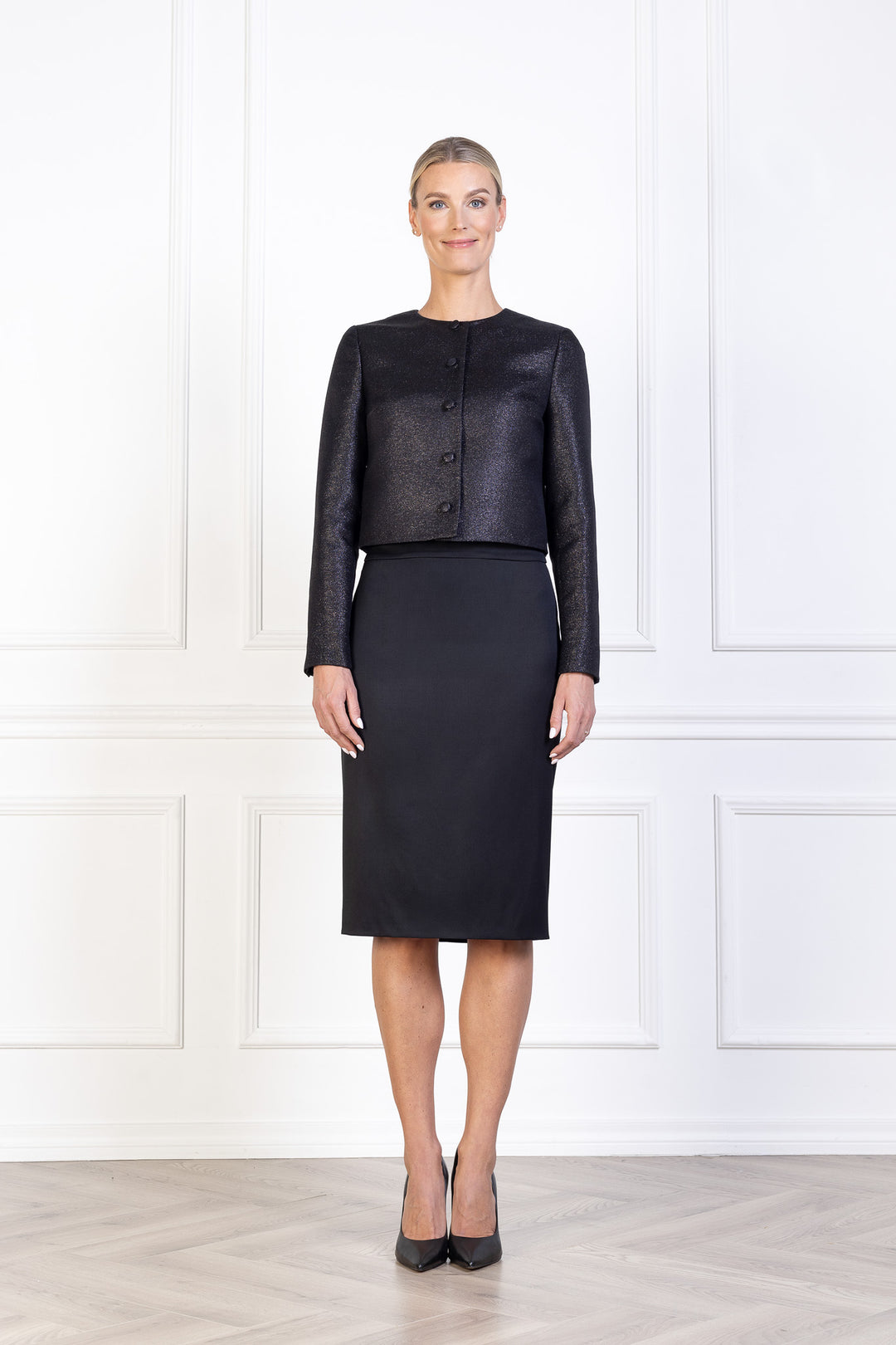LESSERTIA BLACK SHIMMERING WOOL SILK BLEND JACKET