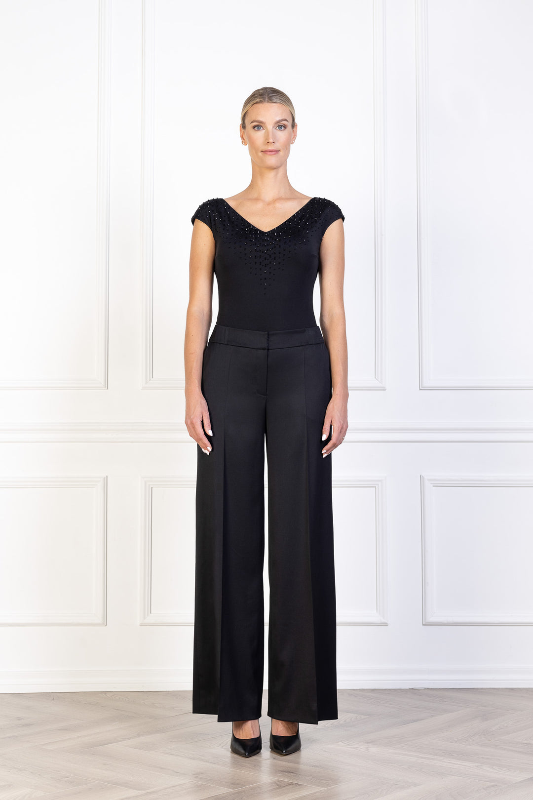 LAMIUM BLACK SILK JERSEY BODYSUIT WITH CRYSTAL EMBROIDERY