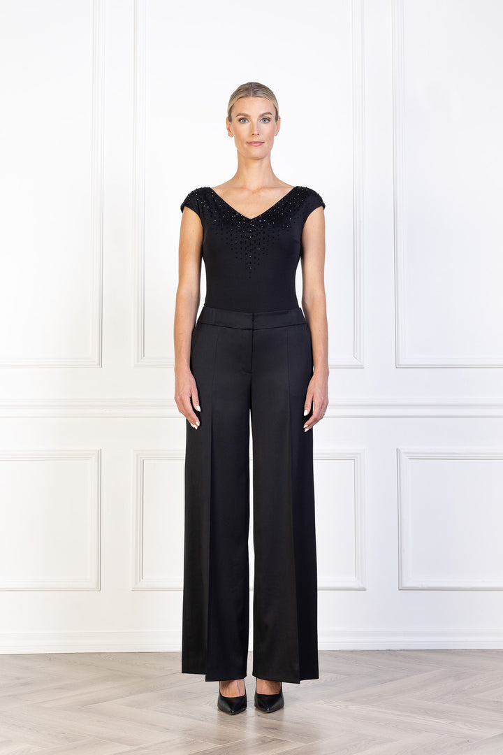 LAMIUM BLACK SILK JERSEY BODYSUIT WITH CRYSTAL EMBROIDERY