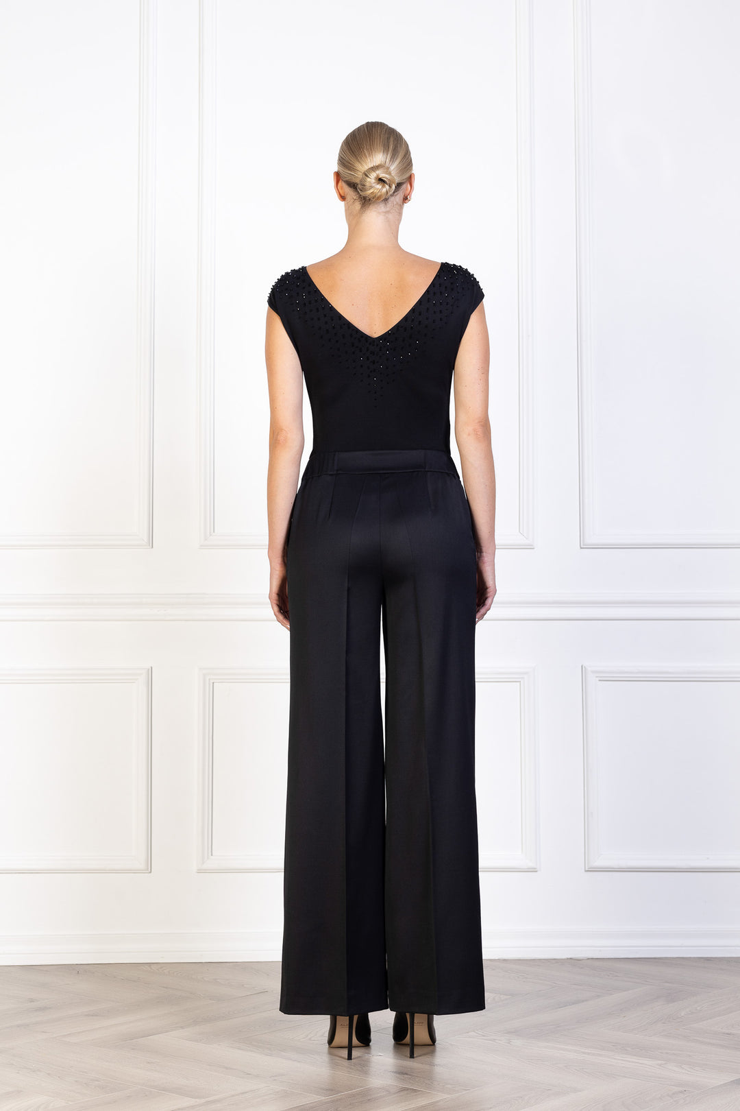 LAMIUM BLACK SILK JERSEY BODYSUIT WITH CRYSTAL EMBROIDERY