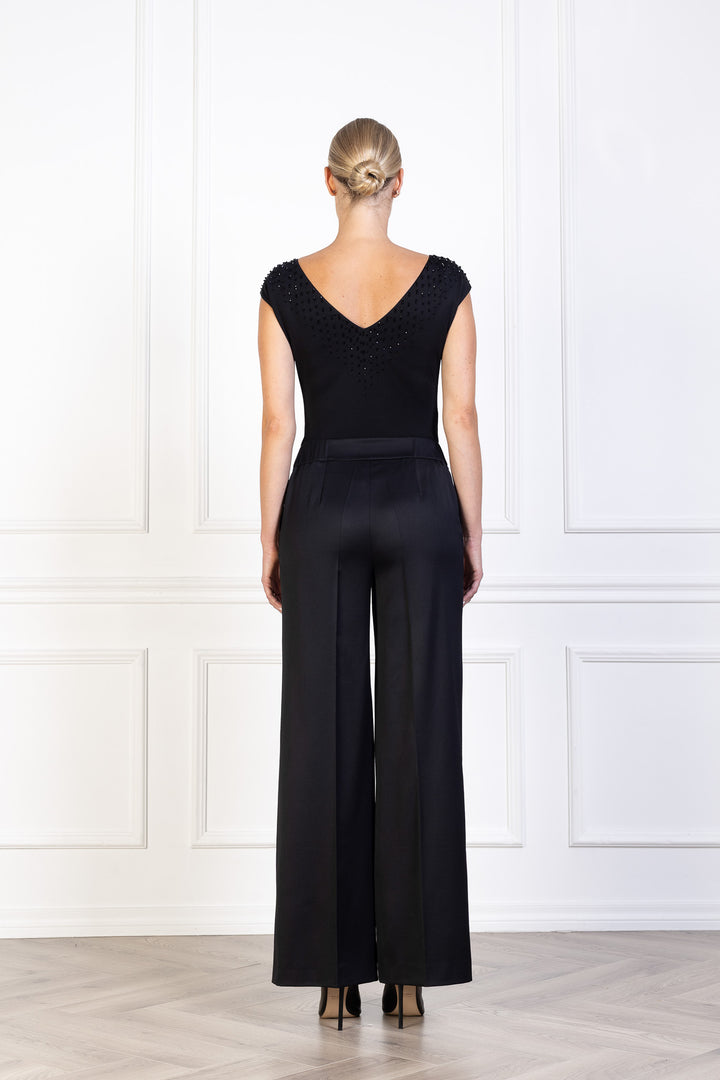 LAMIUM BLACK SILK JERSEY BODYSUIT WITH CRYSTAL EMBROIDERY