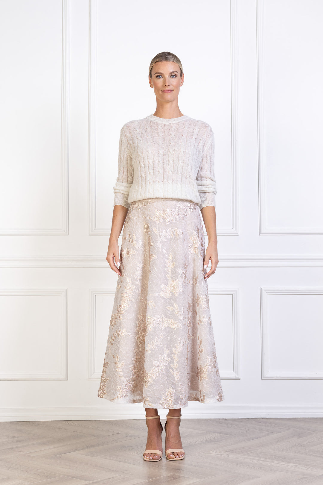 CALLUNA OFF WHITE AND ROSE GOLD JACQUARD A-LINE MIDI SKIRT