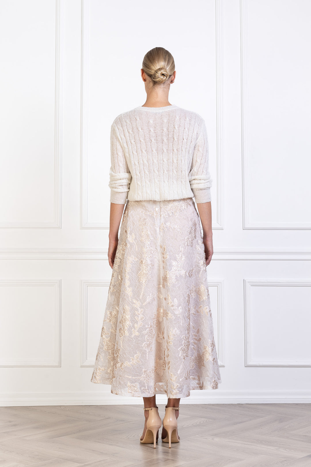 CALLUNA OFF WHITE AND ROSE GOLD JACQUARD A-LINE MIDI SKIRT
