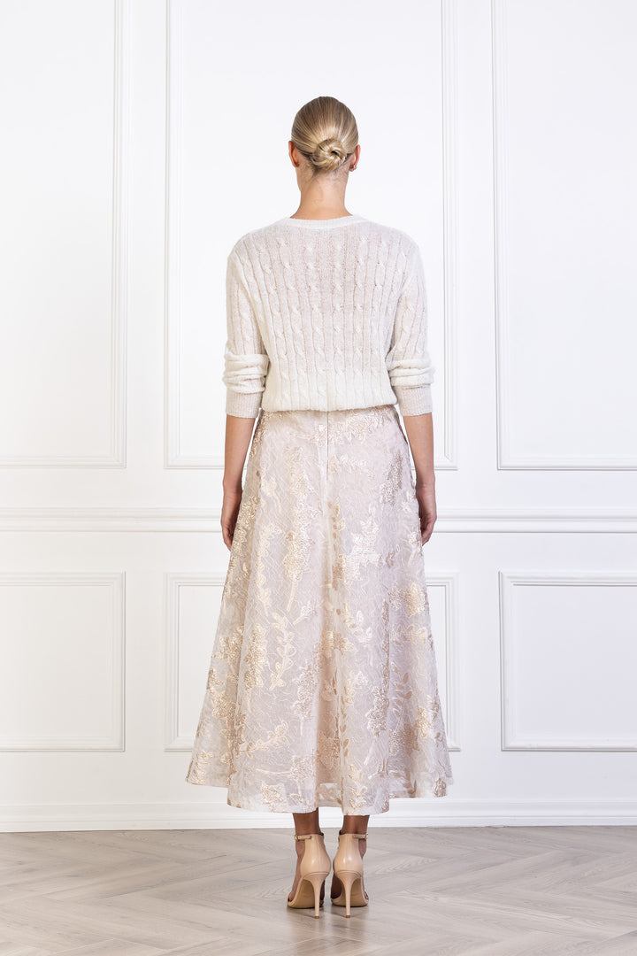 CALLUNA OFF WHITE AND ROSE GOLD JACQUARD A-LINE MIDI SKIRT