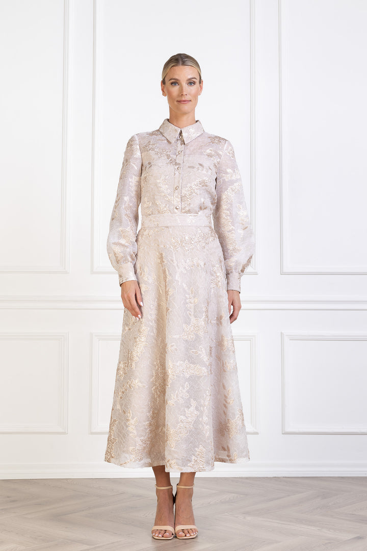 CALLIANDRA OFF WHITE AND ROSE GOLD JACQUARD PUFF-SLEEVE SHIRT