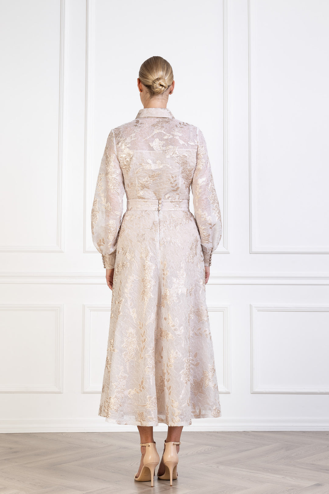 CALLIANDRA OFF WHITE AND ROSE GOLD JACQUARD PUFF-SLEEVE SHIRT