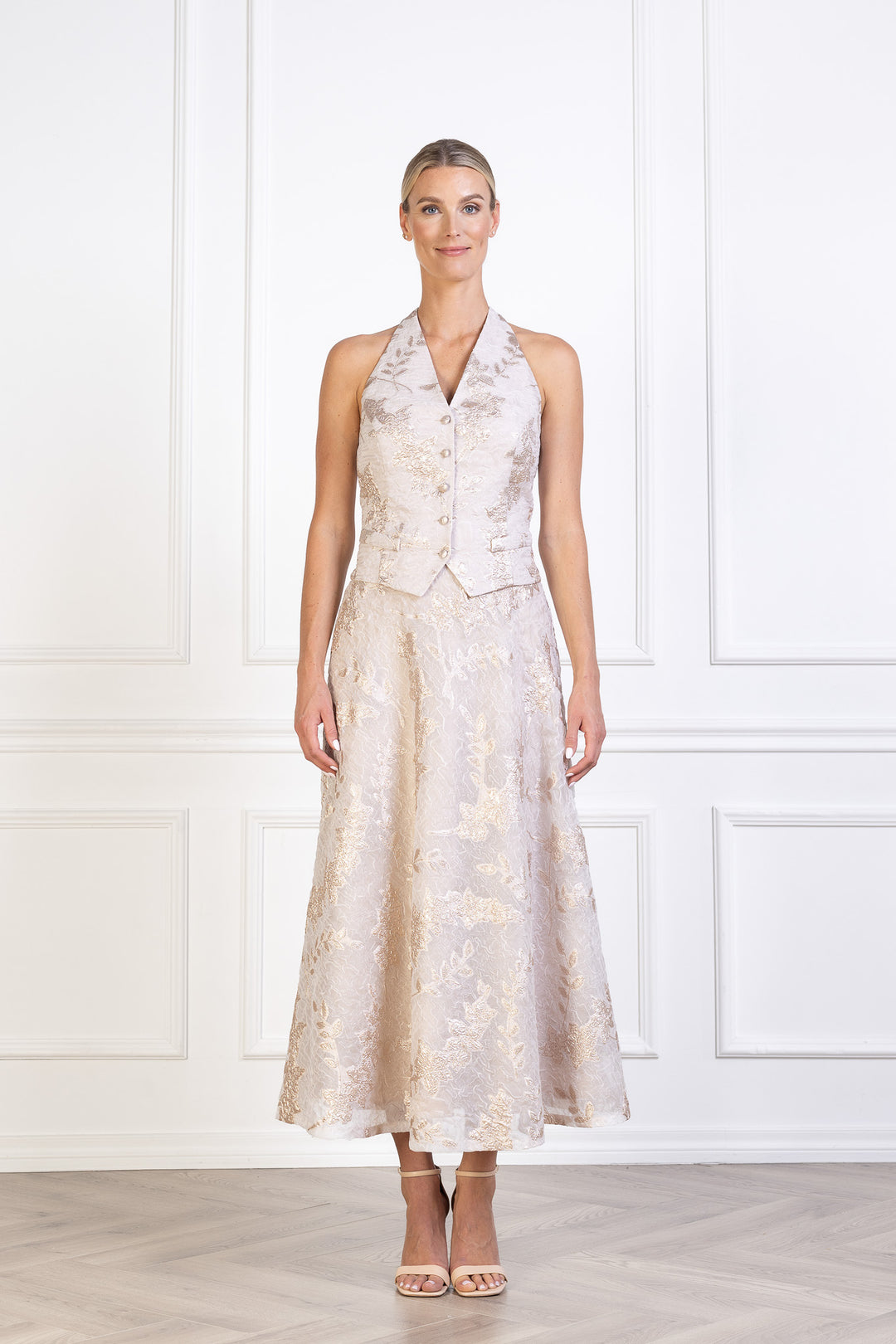 CARDARIA OFF WHITE AND ROSE GOLD JACQUARD OPEN BACK VEST