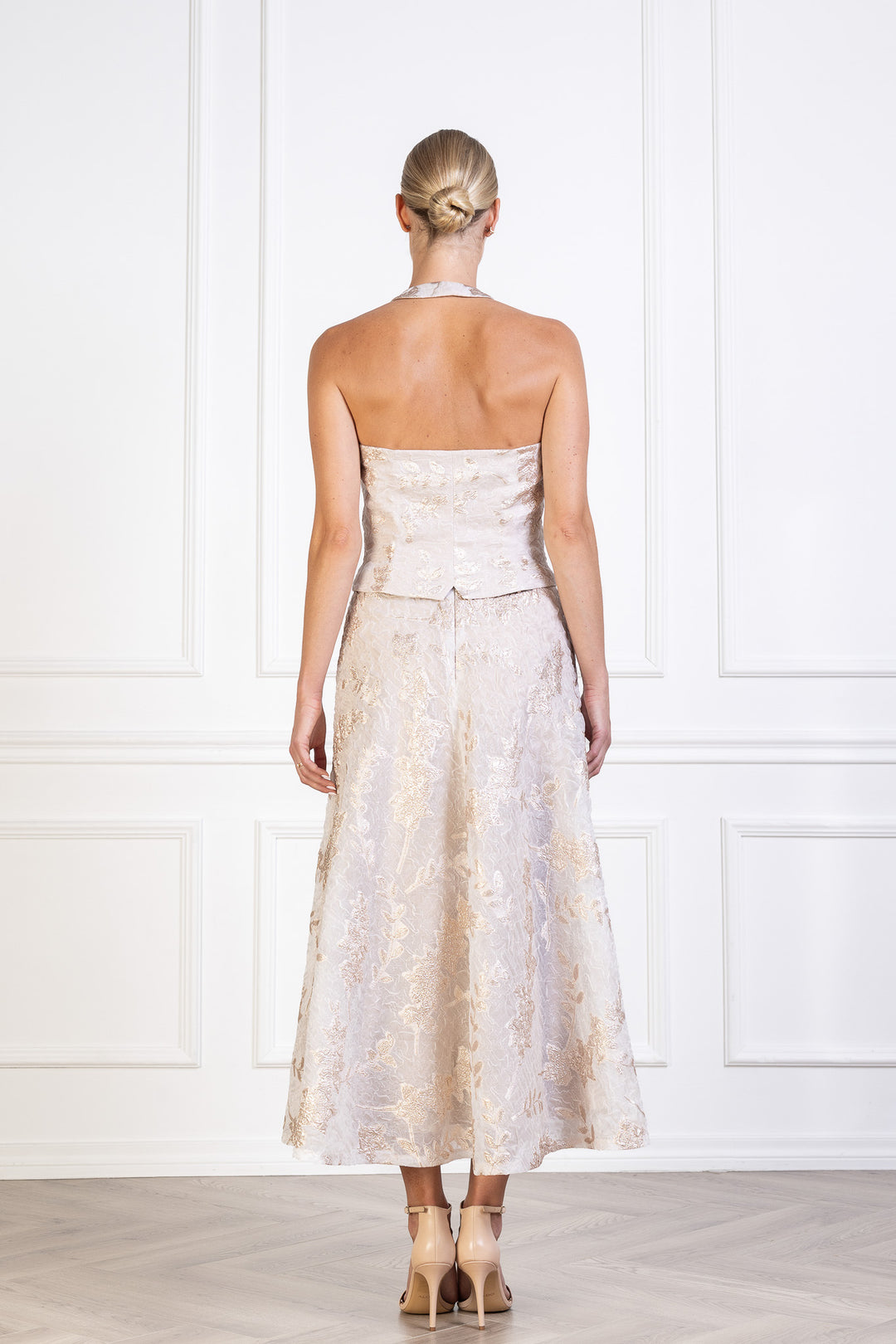 CARDARIA OFF WHITE AND ROSE GOLD JACQUARD OPEN BACK VEST