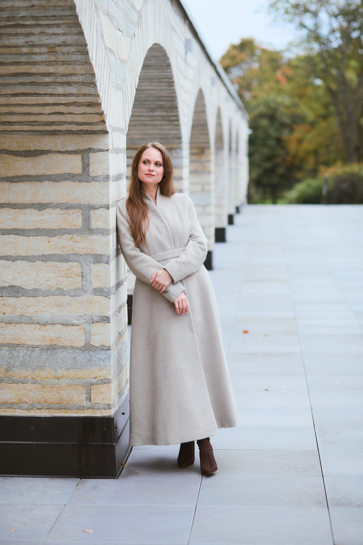 WRIGHTIA PALE BEIGE ALPACA WOOL BLEND COAT WITH CRYSTAL EMBROIDERY