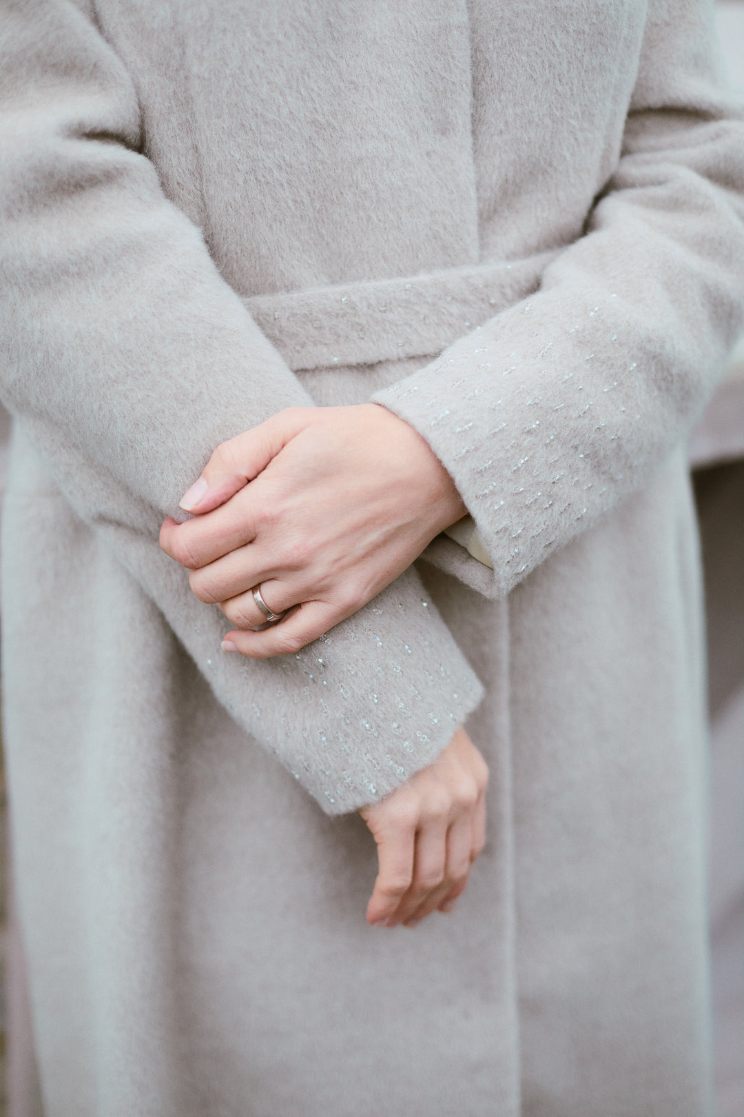 WRIGHTIA PALE BEIGE ALPACA WOOL BLEND COAT WITH CRYSTAL EMBROIDERY