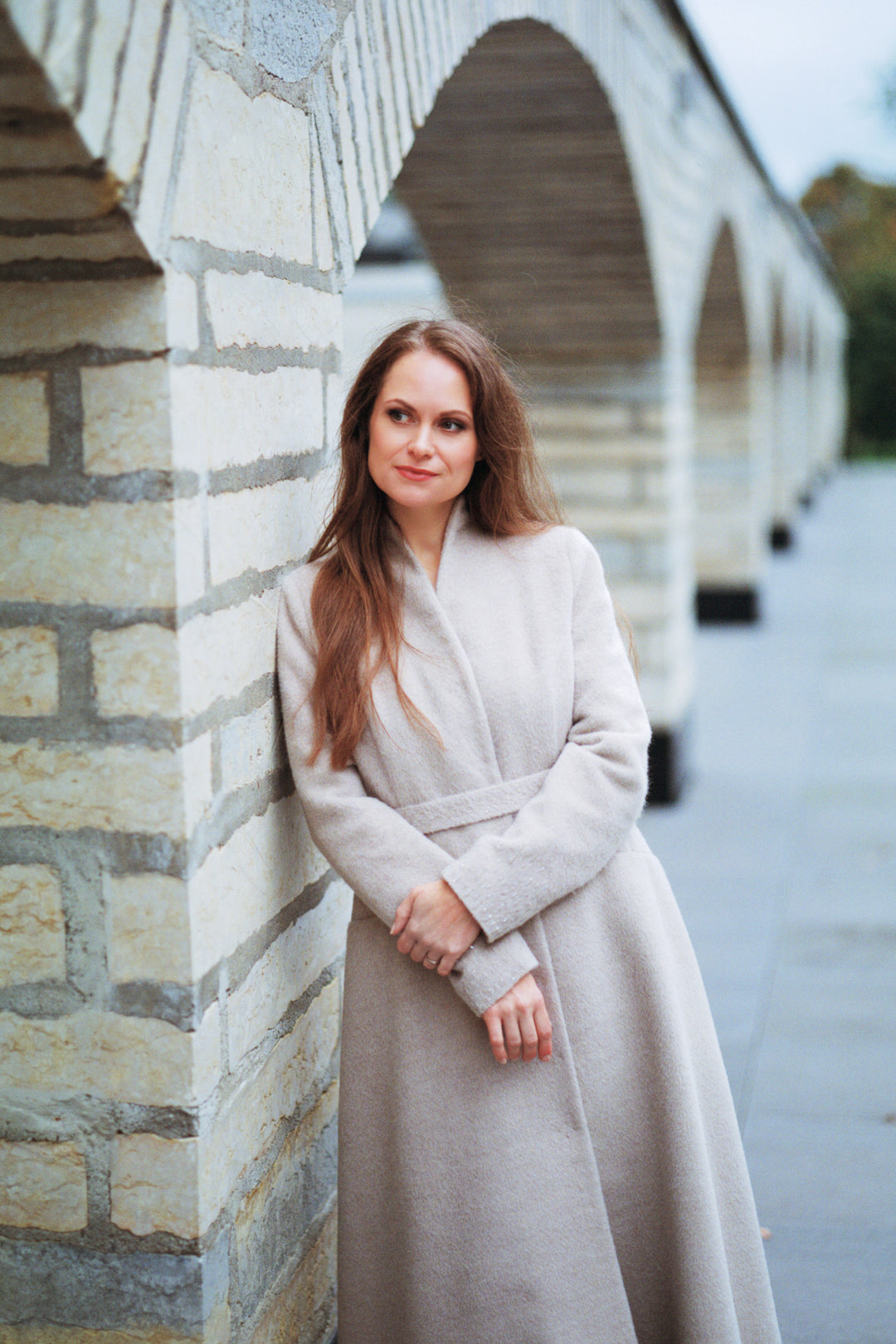 WRIGHTIA PALE BEIGE ALPACA WOOL BLEND COAT WITH CRYSTAL EMBROIDERY