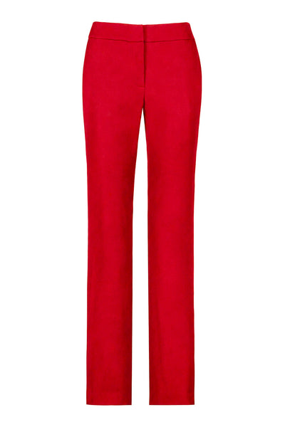 Red tailored pants on a white background