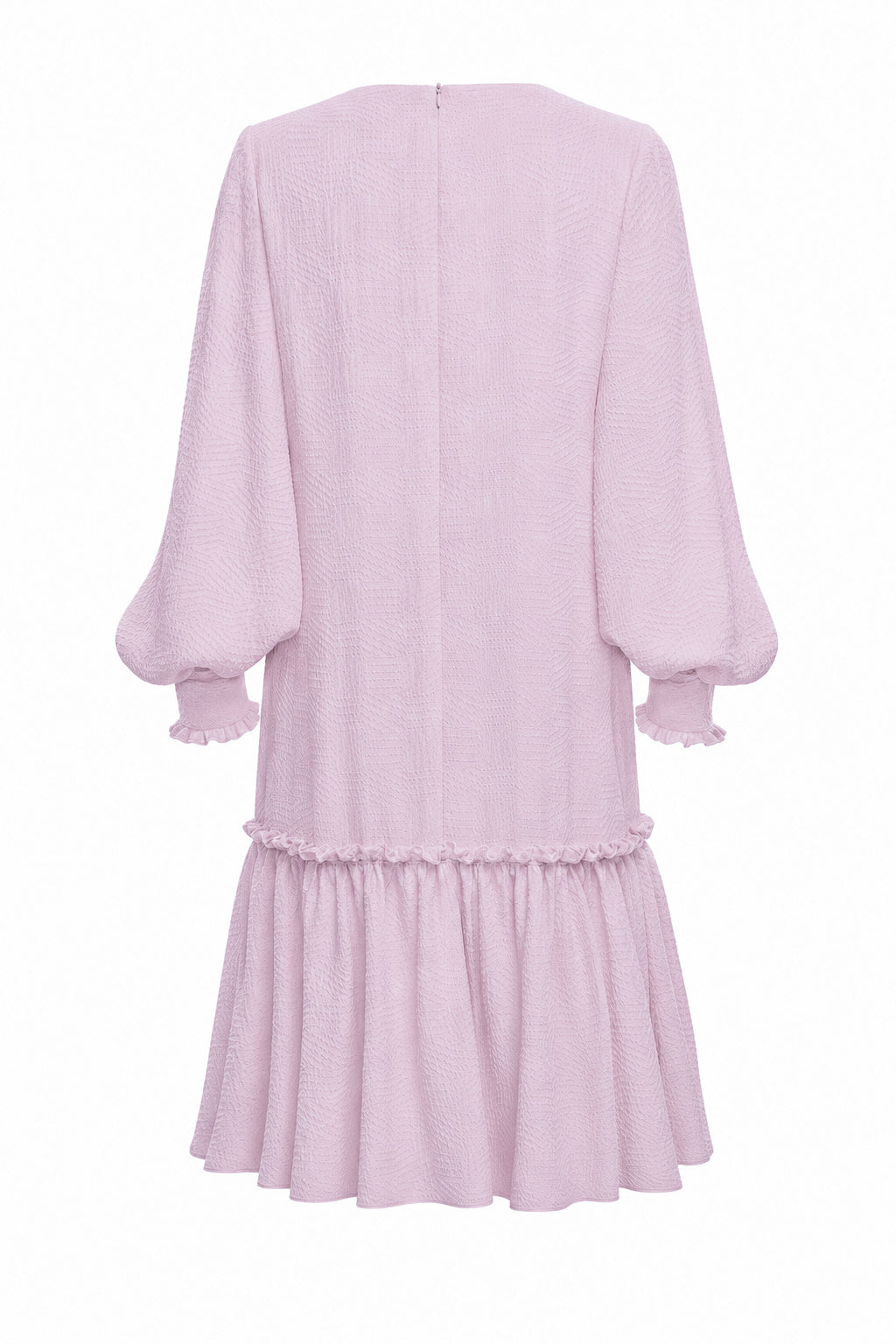 Lavender silk a-line cocktail dress with bishop sleeves on white background
