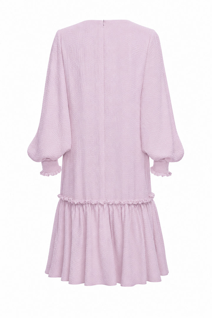Lavender silk a-line cocktail dress with bishop sleeves on white background
