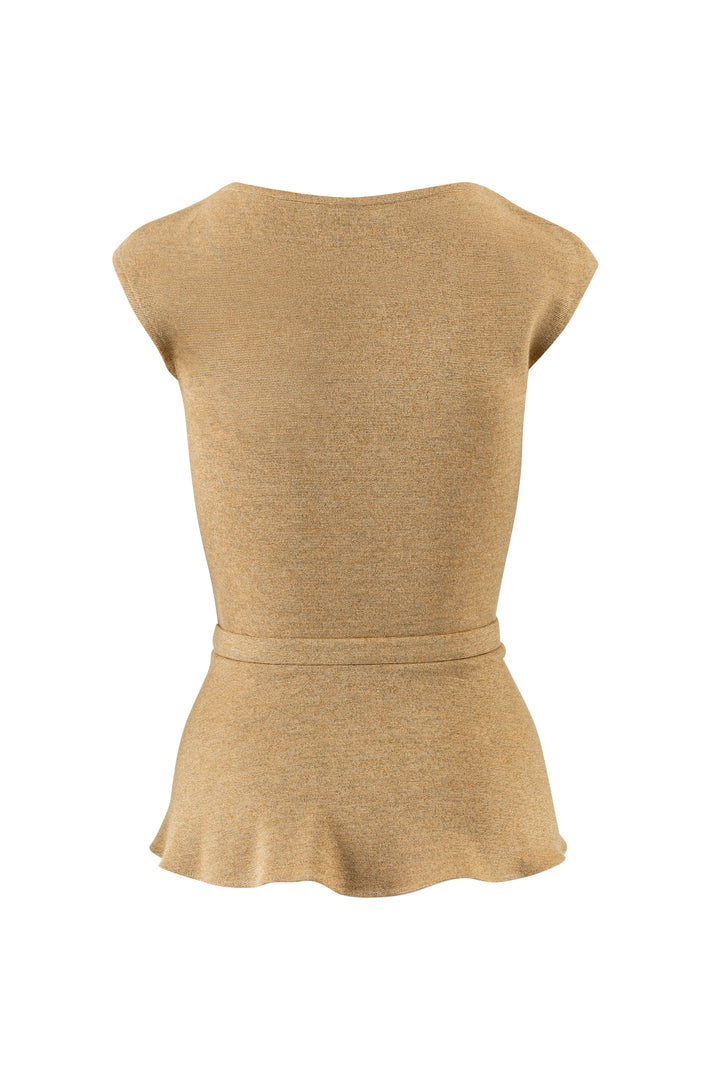 IRIS GOLDEN SLIGHTLY GLITTERING VISCOSE-BLEND PEPLUM TOP WITH A BELT