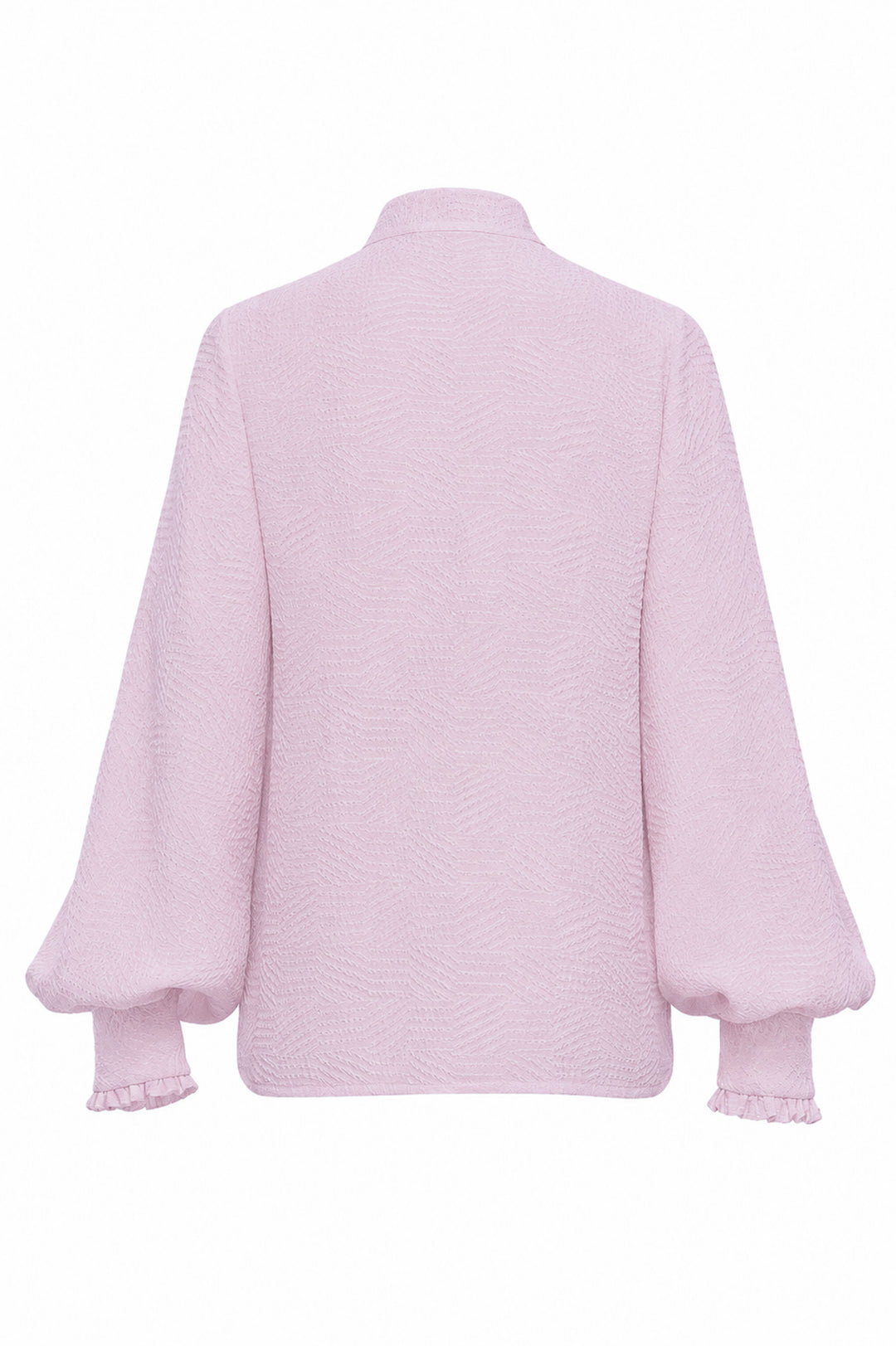 lavender silk blouse with bishop sleeves on a white background
