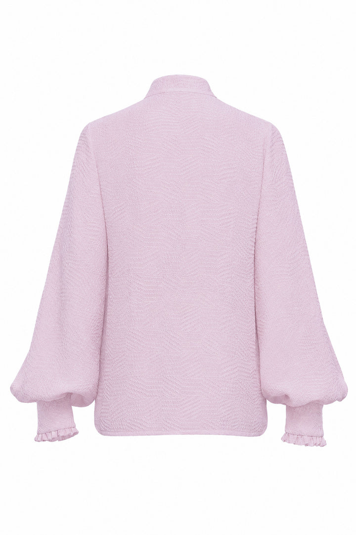 lavender silk blouse with bishop sleeves on a white background