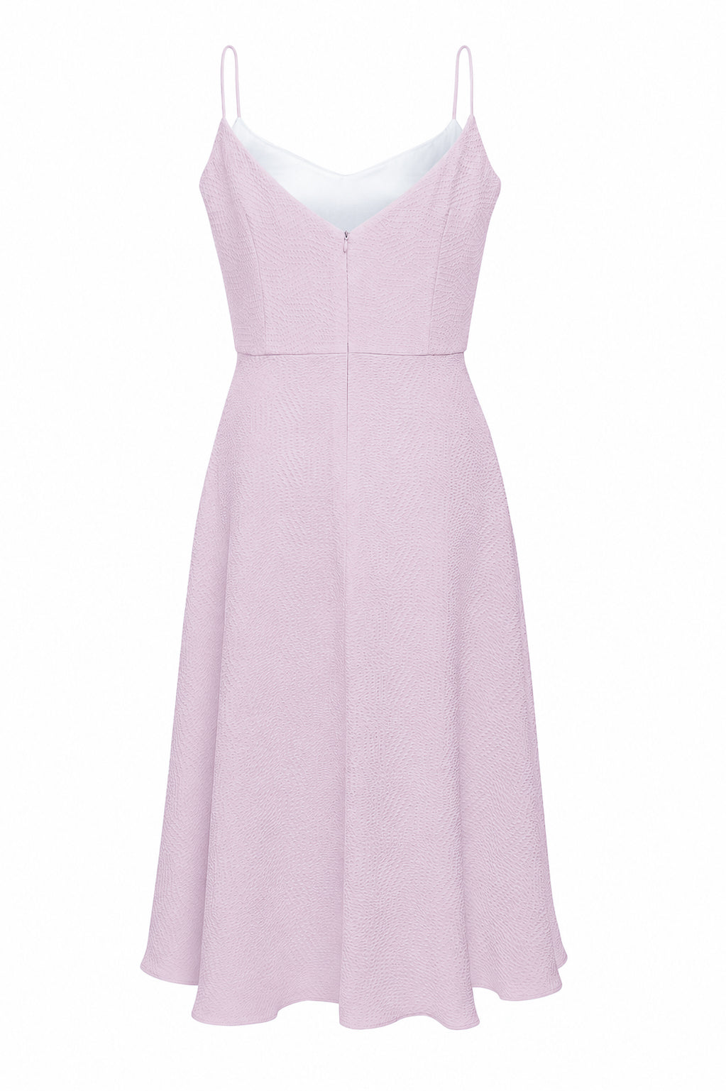 Lavender a-line silk cocktail dress with spaghetti straps on a white background