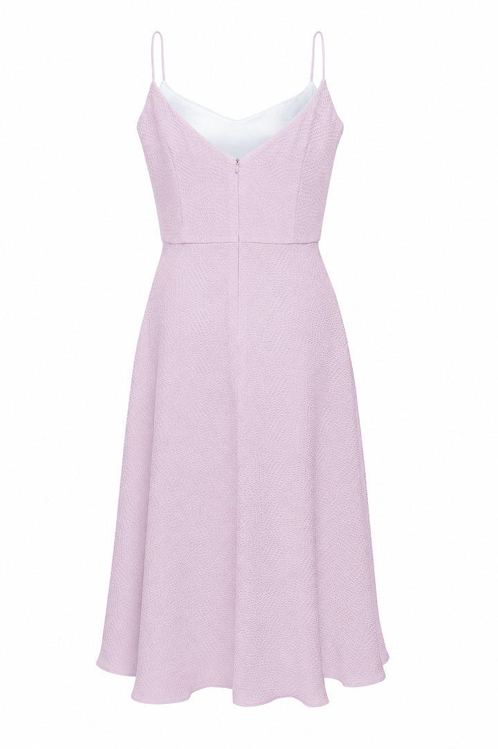 Lavender a-line silk cocktail dress with spaghetti straps on a white background