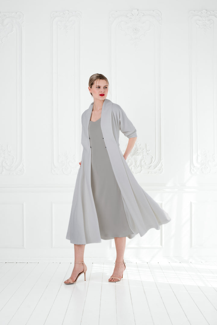 LINARIA GRAY WOOL CREPE KIMONO CUT COAT DRESS