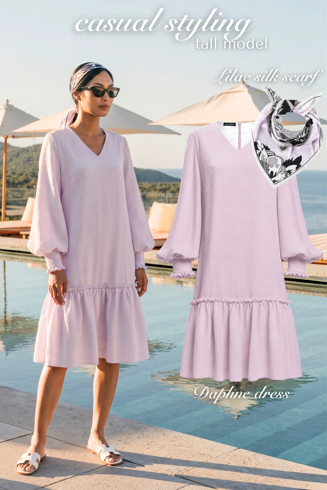 AI generated woman wearing a light lavender silk a-line dress with bishop sleeves and a ilk scarf tied as a headband at a poolside resort setting with the product photos of the dress and scarf next to her.