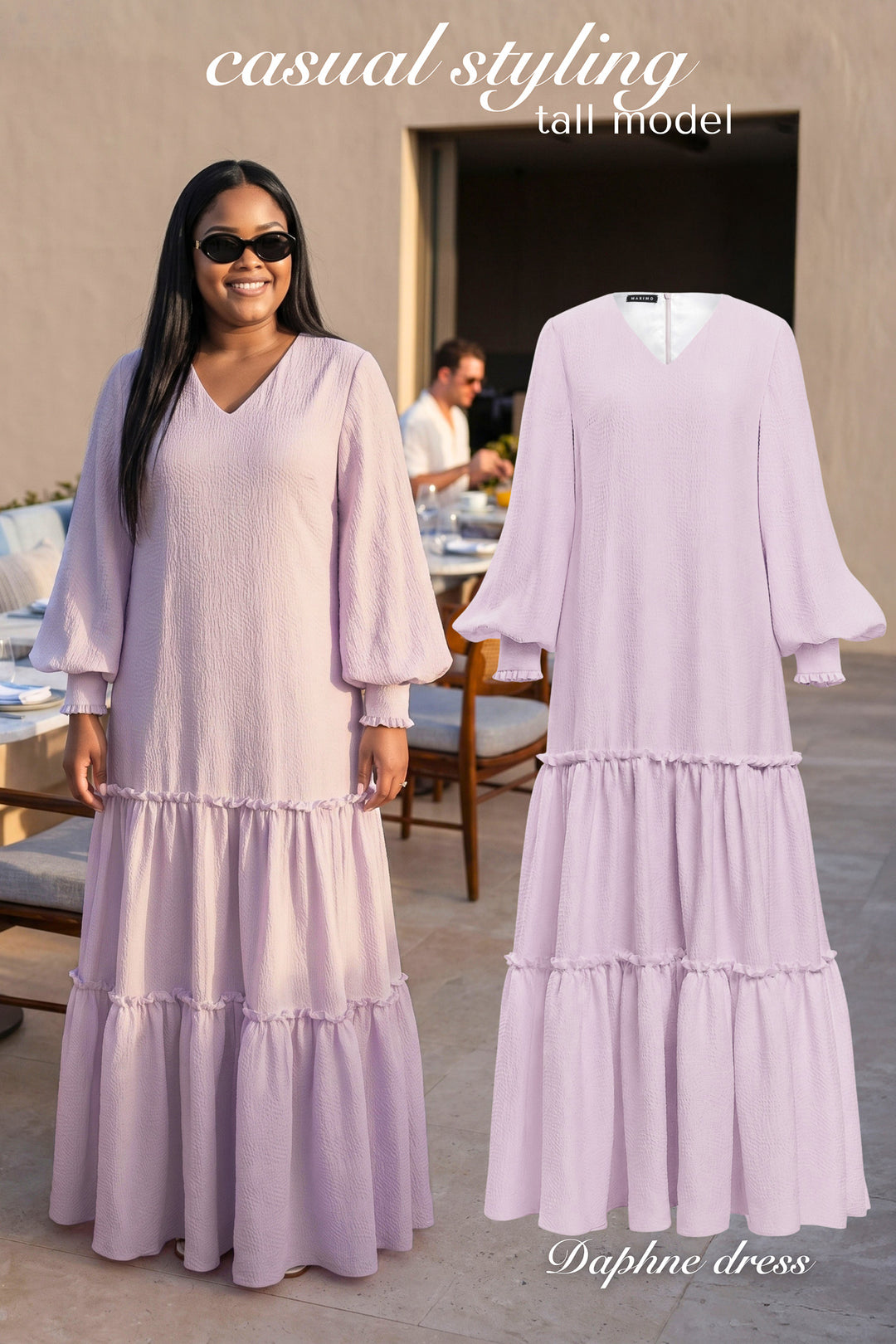 AI generated plus size dark skin woman wearing a lavender silk tiered a-line maxi skirt with bishop sleeves in a patio breakfast setting with a product photo of the dress next to her.