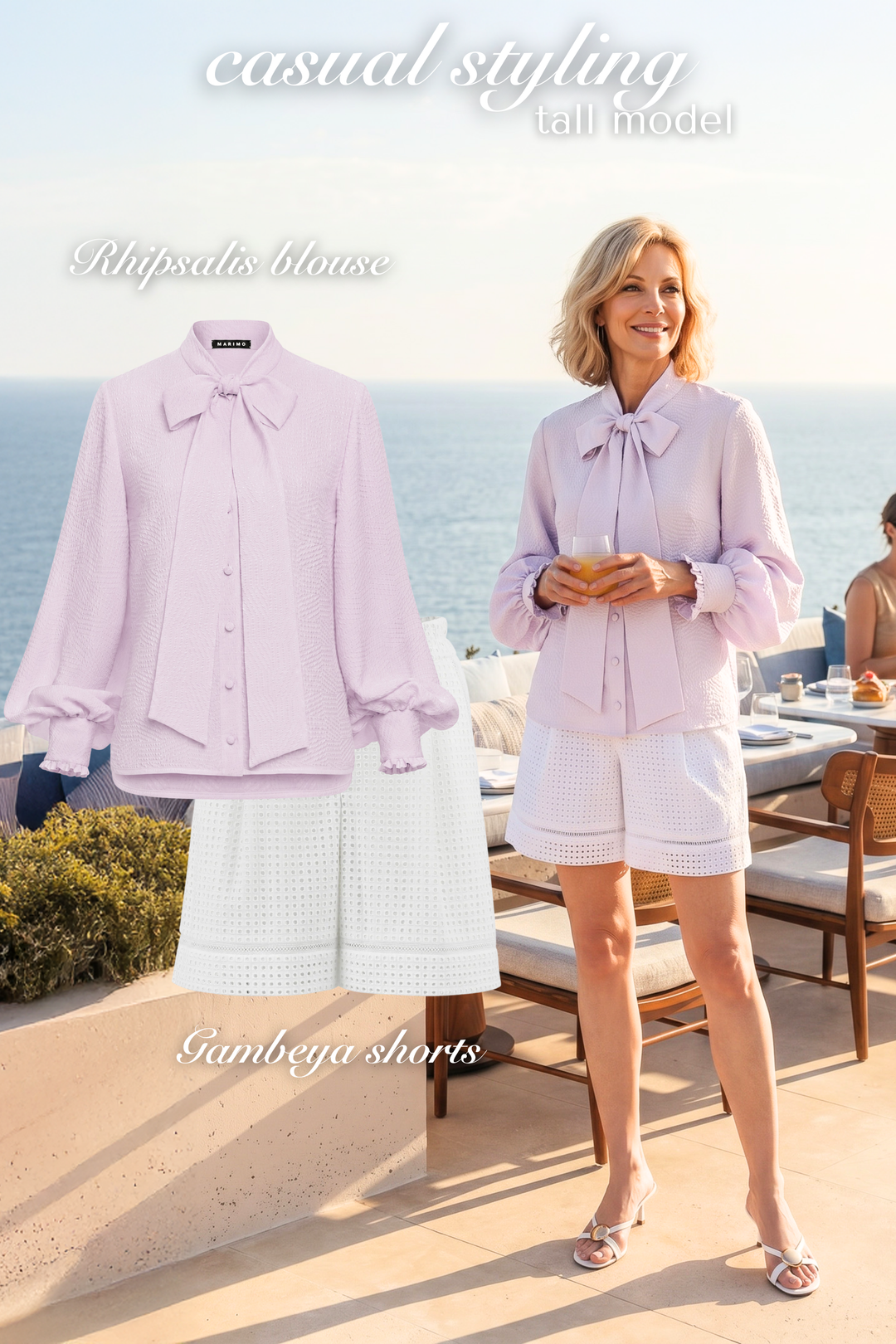 AI woman model in a luxury light lavender silk neck tie blouse and white broderie shorts standing on a patio with ocean view with real product photos of shorts and blouse next to her.