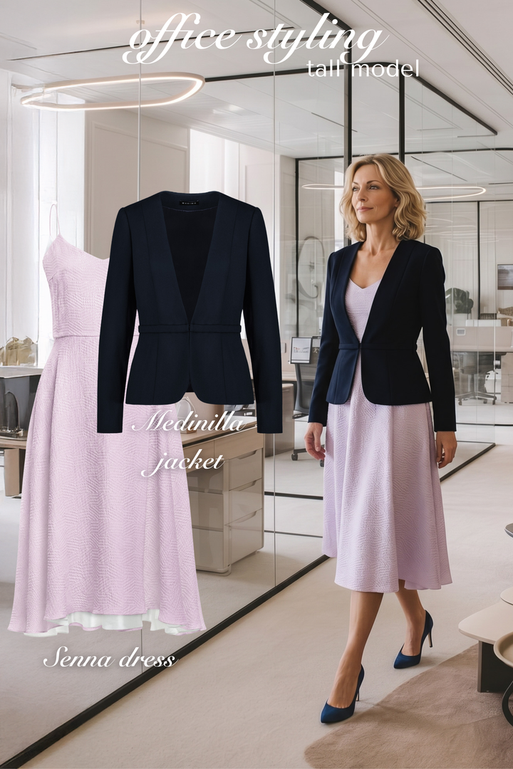 AI generated woman wearing a lavender silk a-line dress with a navy fine wool tailored blazer in an office setting and the product photos of the blazer and dress next to her.