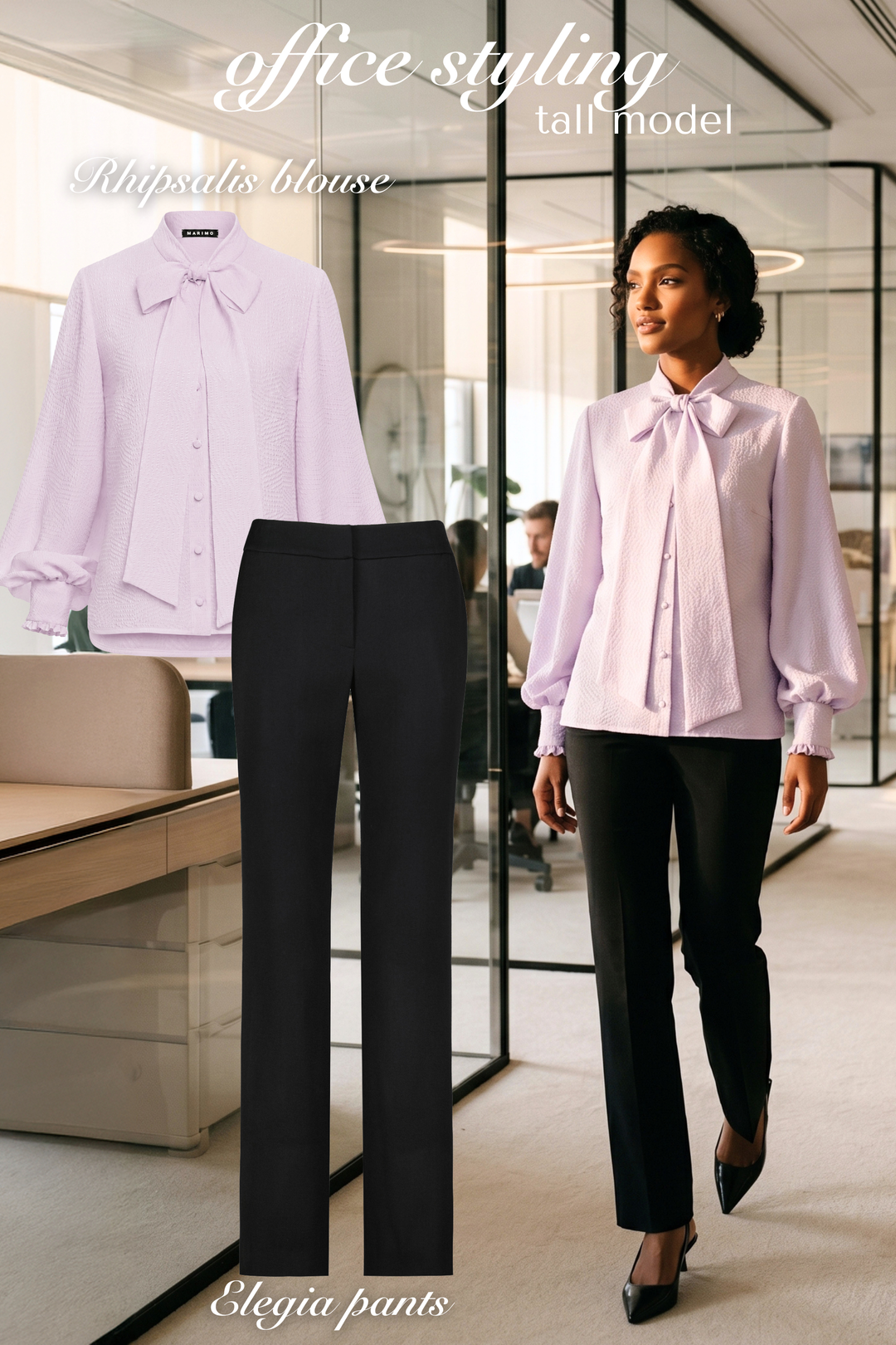 AI model woman wearing a light lavender silk blouse with neck tie and black wool pants in an office setting, with real images of blouse and pants displayed next to her.