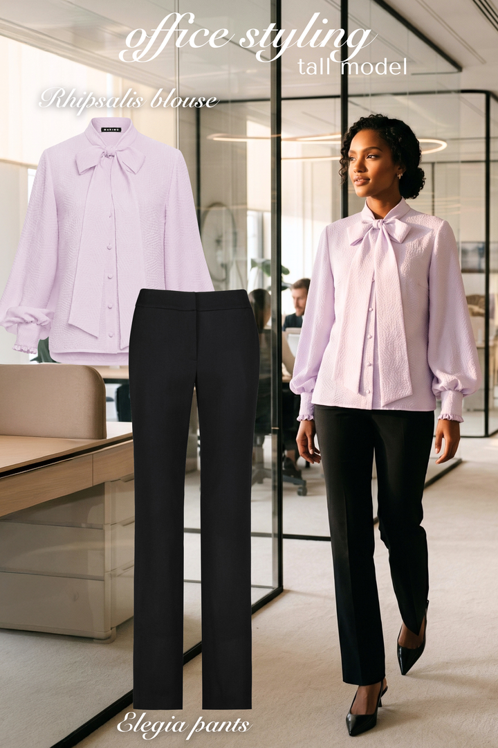 AI model woman wearing a light lavender silk blouse with neck tie and black wool pants in an office setting, with real images of blouse and pants displayed next to her.