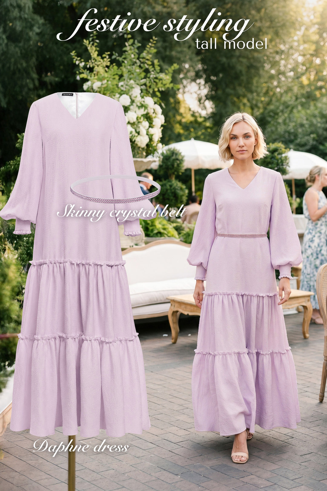 AI generated woman wearing a lilac silk maxi dress with bishop sleeves and a crystal belt in an outdoor wedding setting with dress and belt product photos next to her.