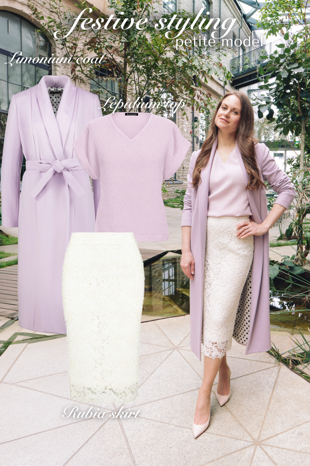 petite woman wearing a light lavender silk shirt, a matching lavender casmere wrap coat and a white lace pencil skirt in an outoor setting with product photos next to her.