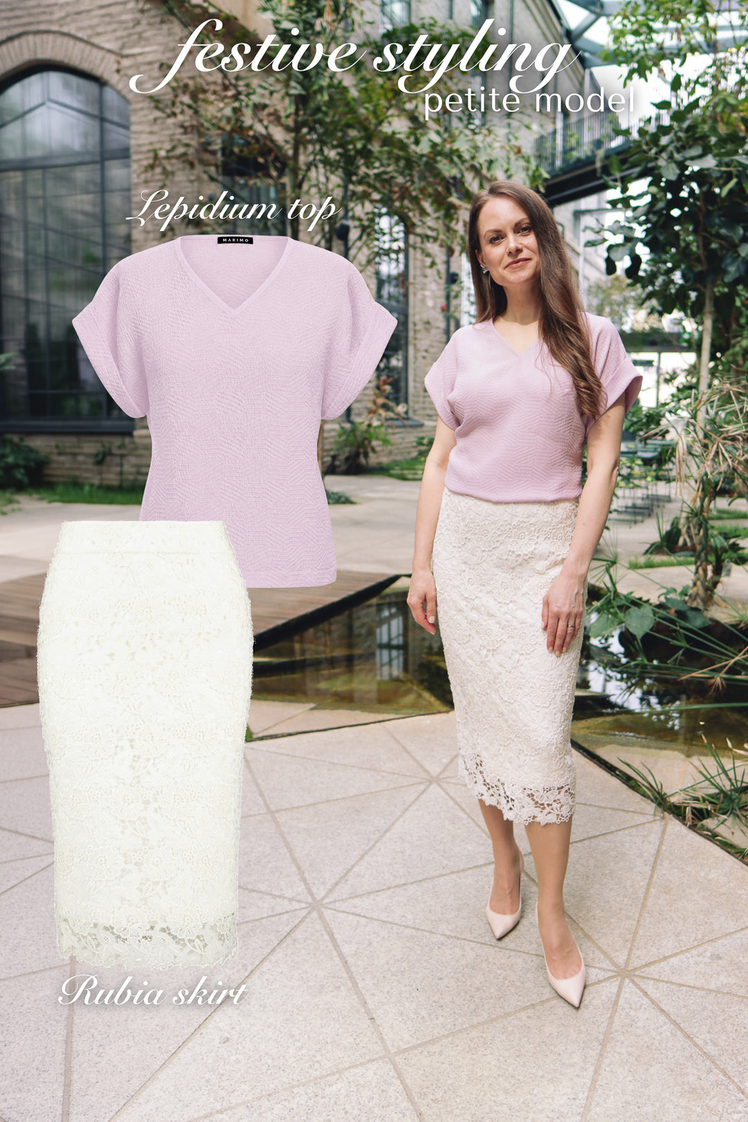 Petite woman wearing a lavender silk top and white lace skirt in a festive outdoor venue with product photos of the top and skirt next to her.