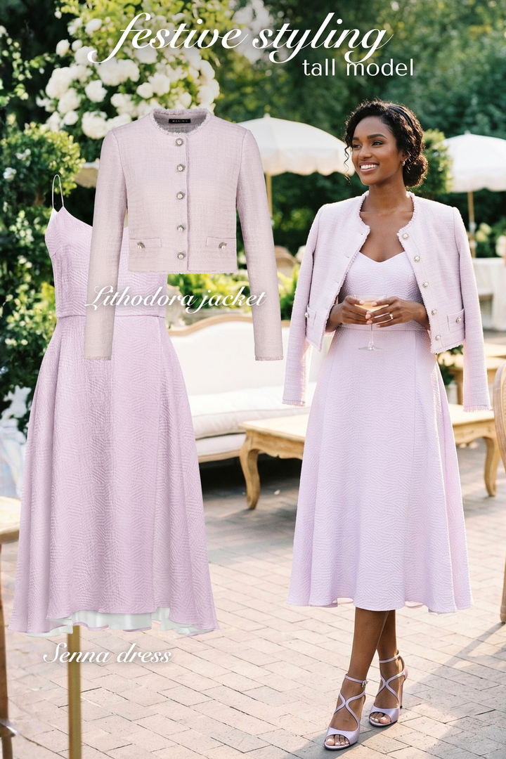 AI generated dark skinned woman wearing a lavender silk a-line cocktail dress and a matching lavender cropped silk jacket with pearl buttons in an outdoor festive venue with product photos of the dress and jacket next to her.