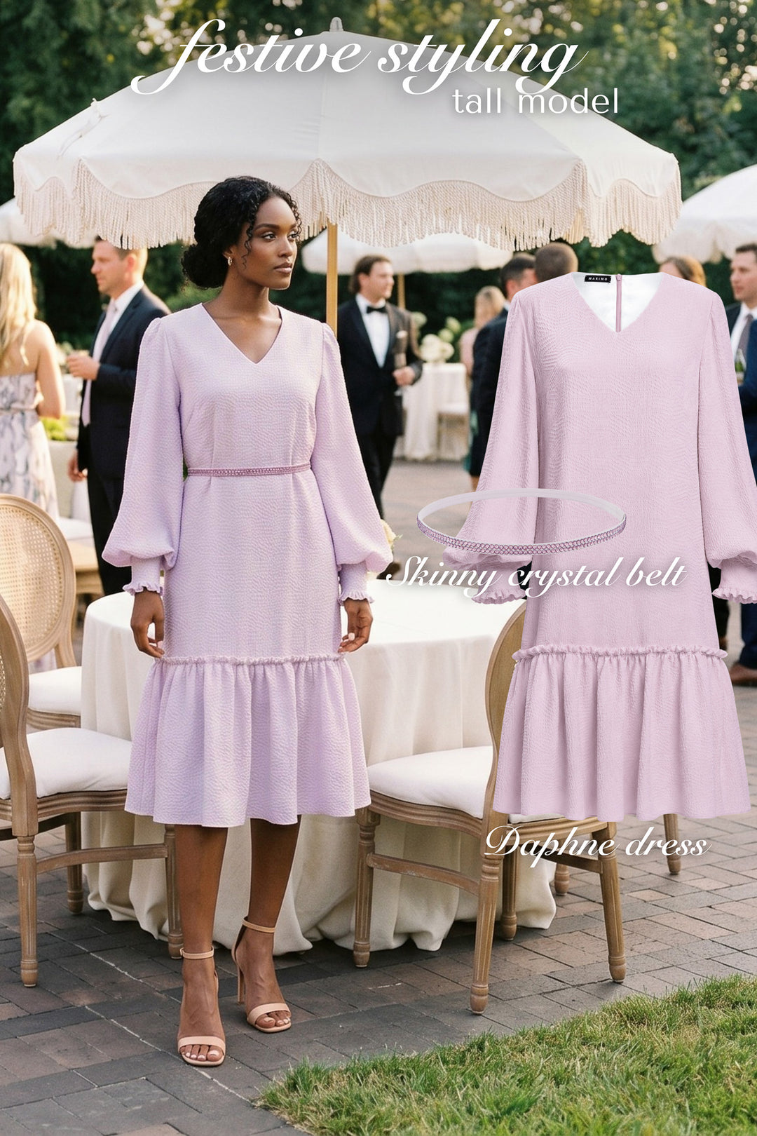 AI generated woman wearing a lavender silk a-line tiered cocktail dress with bishop sleeves and a crystal belt in an outdoor festive setting with the product photos of the dress and belt next to her.