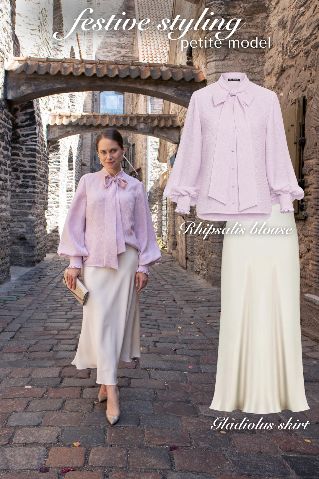 Woman wearing a luxury lavender silk neck tie blouse and a cream silk slip skirt, sparkling nude heels and a clutch,  with clothing displayed next to her and with text indicating 'festive styling' and 'petite model'.