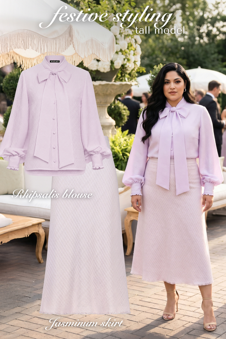 Plus size AI woman wearing a light lavender silk blouse and lavender midi skirt in a festive wedding guest setting, with real product photos of the blouse and skirt next to her.